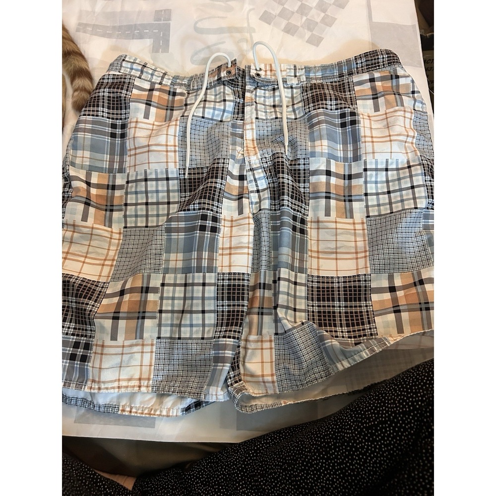Men's Patchwork Plaid‎ Board Shorts Swim Trunks Size Medium Elastic Waist Lined